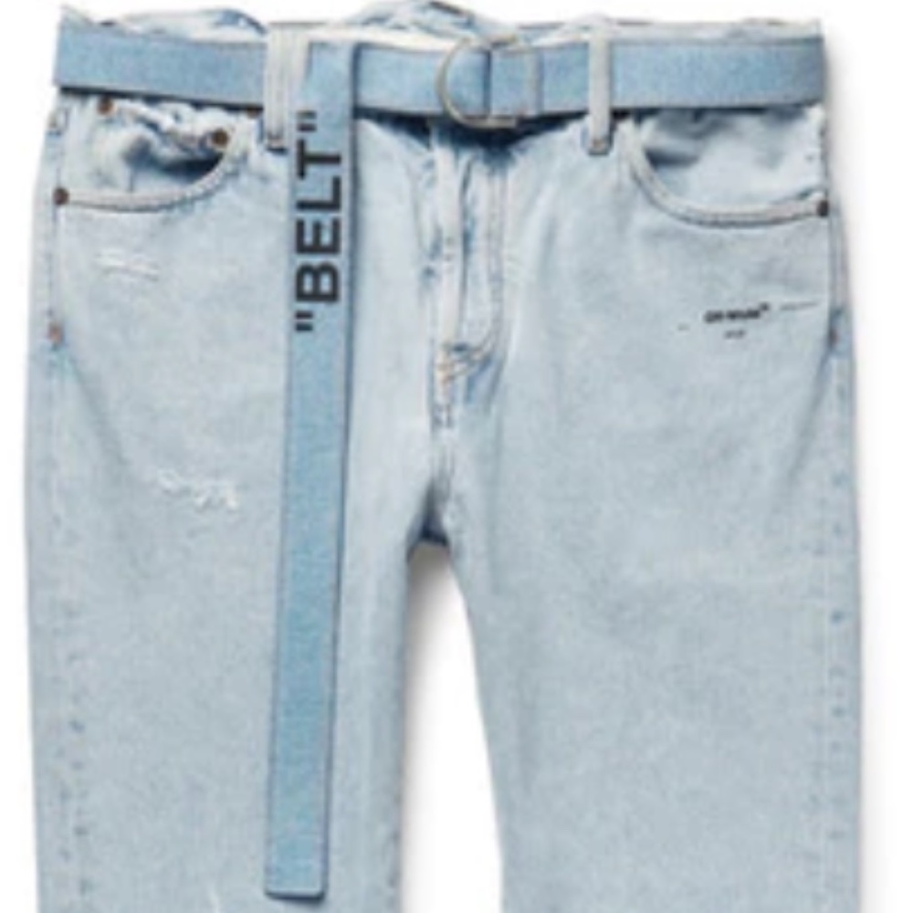 OFF-WHITE TAPERED DISTRESSED DENIM JEANS LIGHT BLU